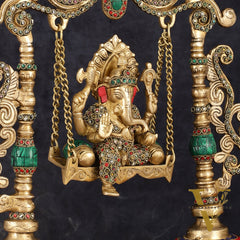 Handcrafted Brass Kirtimukha Ganesha on Swing with Stonework, 20" Height