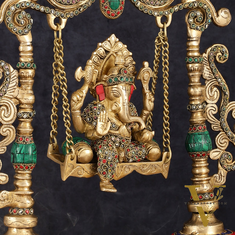Handcrafted Brass Kirtimukha Ganesha on Swing with Stonework, 20" Height