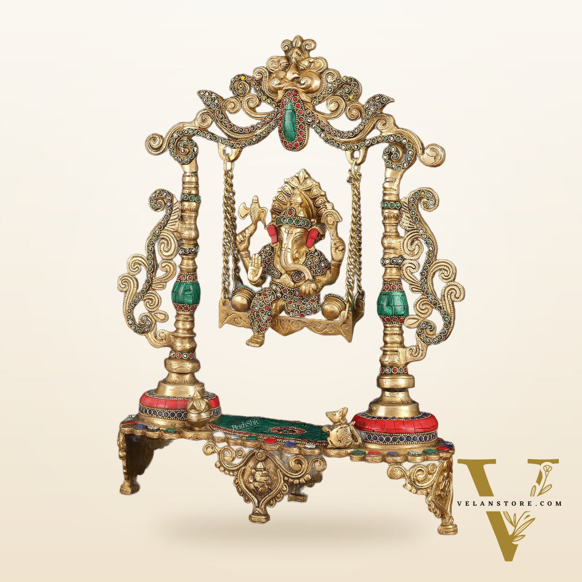 Handcrafted Brass Kirtimukha Ganesha on Swing with Stonework, 20" Height