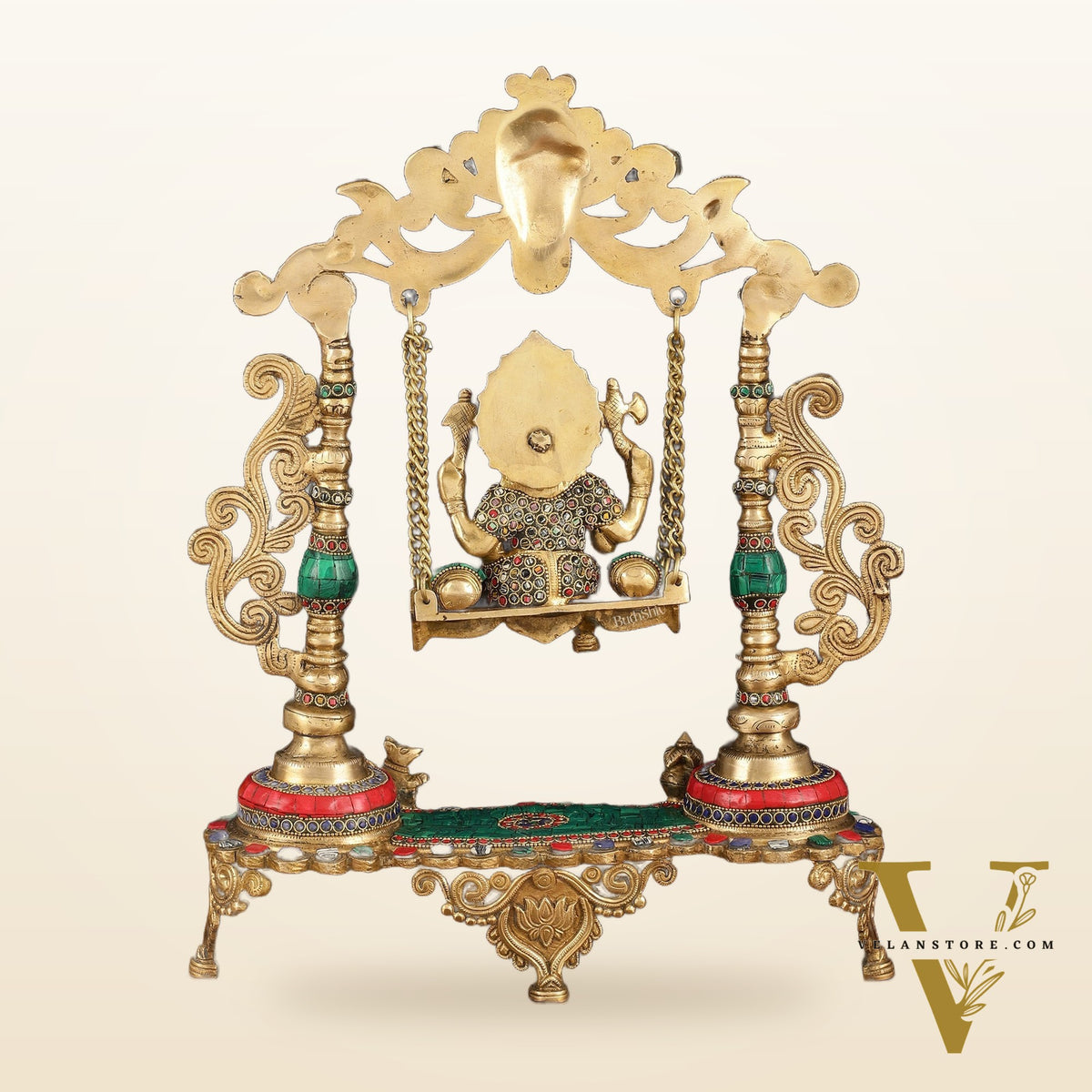 Handcrafted Brass Kirtimukha Ganesha on Swing with Stonework, 20" Height