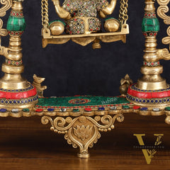 Handcrafted Brass Kirtimukha Ganesha on Swing with Stonework, 20" Height