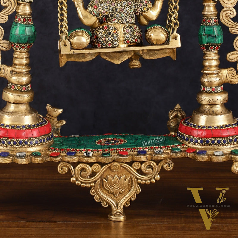 Handcrafted Brass Kirtimukha Ganesha on Swing with Stonework, 20" Height