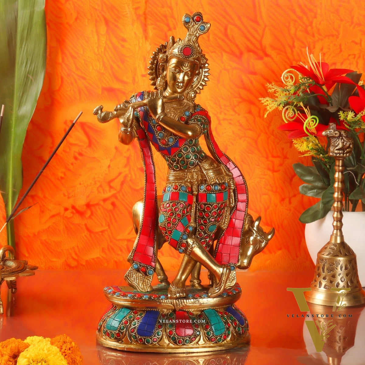 Handcrafted Brass Krishna Playing Flute with Cow Statue - 14 inch