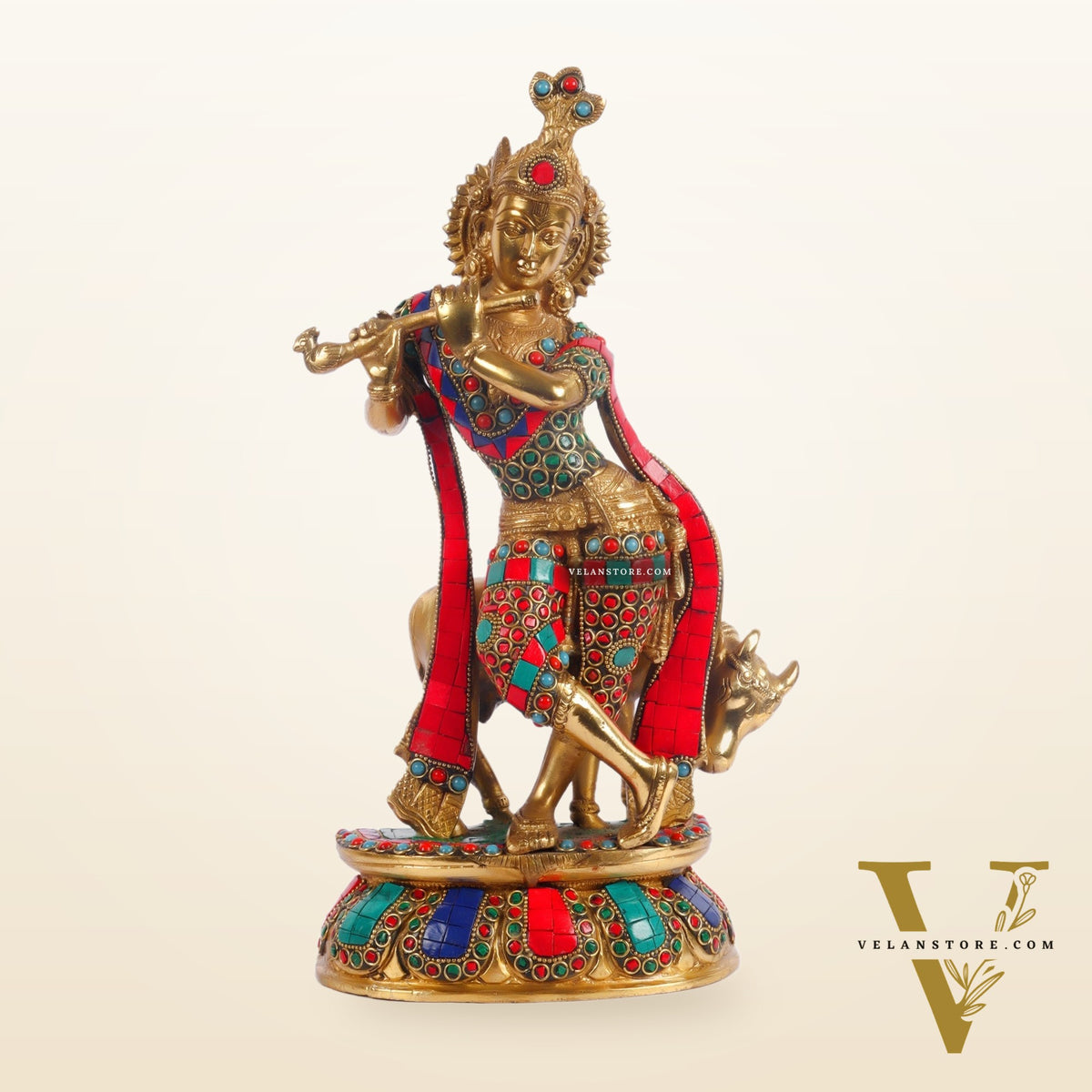 Handcrafted Brass Krishna Playing Flute with Cow Statue - 14 inch