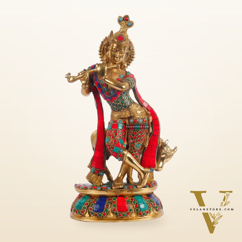 Handcrafted Brass Krishna Playing Flute with Cow Statue - 14 inch