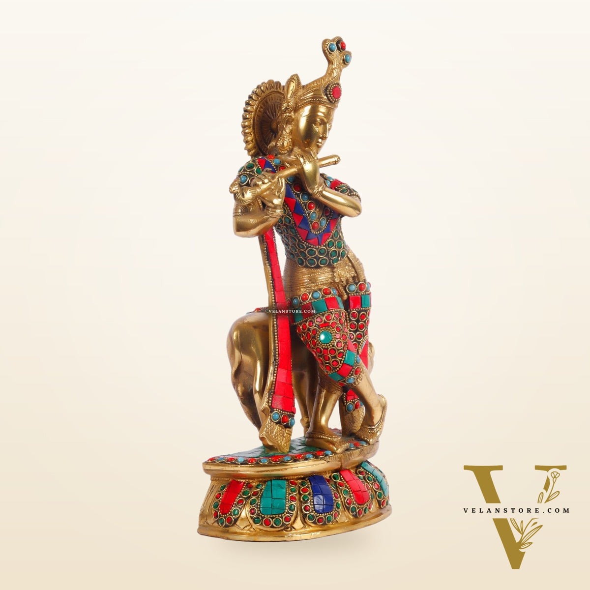 Handcrafted Brass Krishna Playing Flute with Cow Statue - 14 inch