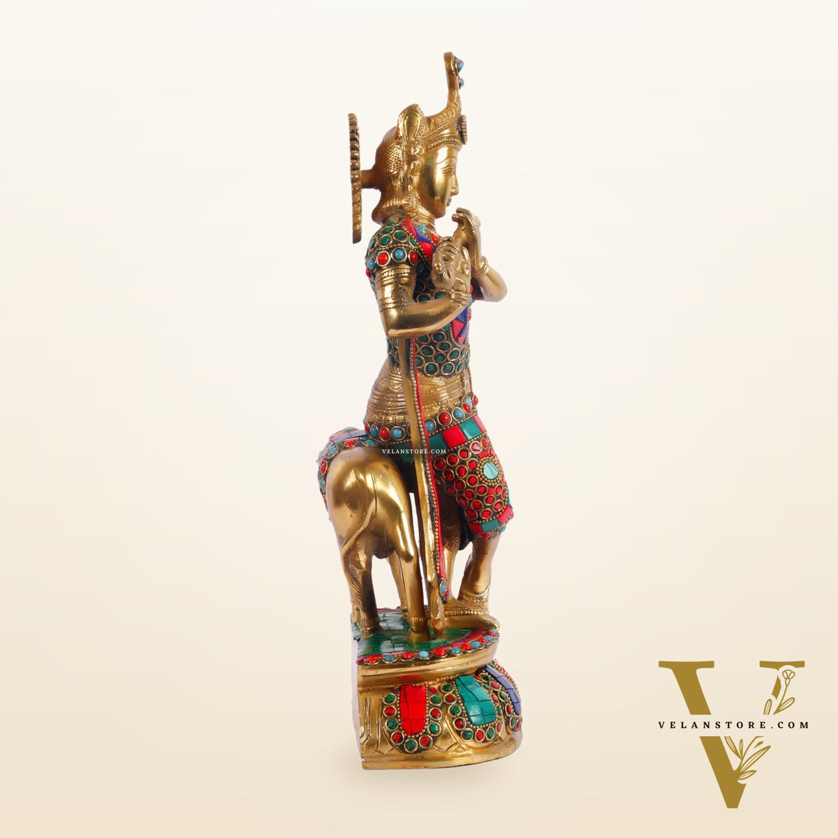 Handcrafted Brass Krishna Playing Flute with Cow Statue - 14 inch