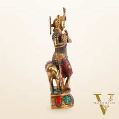 Handcrafted Brass Krishna Playing Flute with Cow Statue - 14 inch