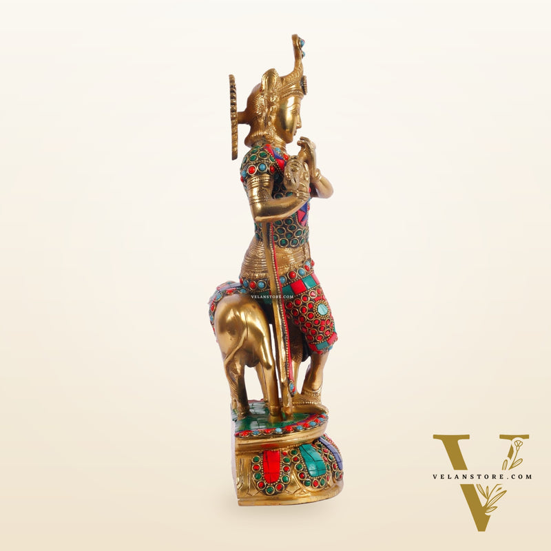 Handcrafted Brass Krishna Playing Flute with Cow Statue - 14 inch
