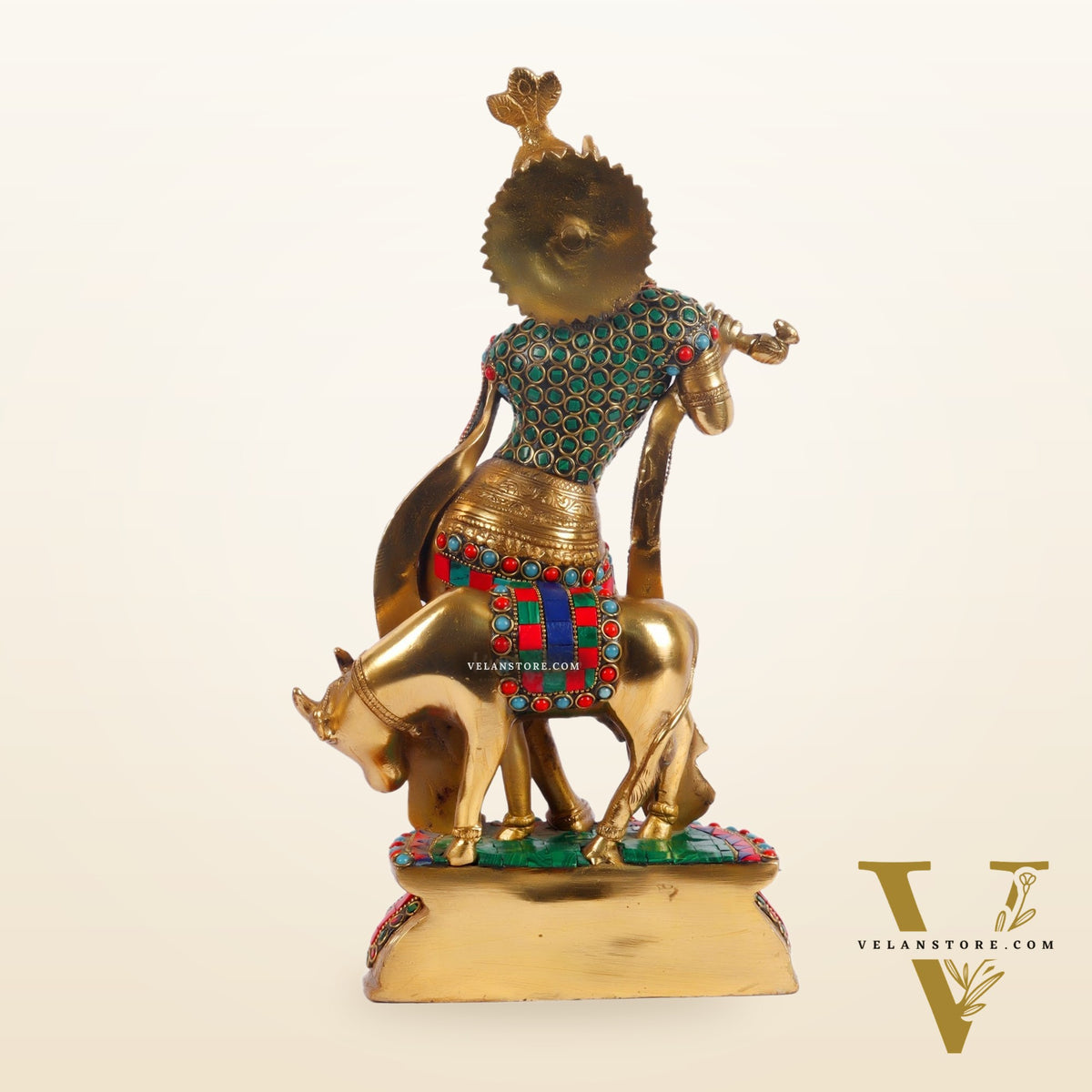Handcrafted Brass Krishna Playing Flute with Cow Statue - 14 inch