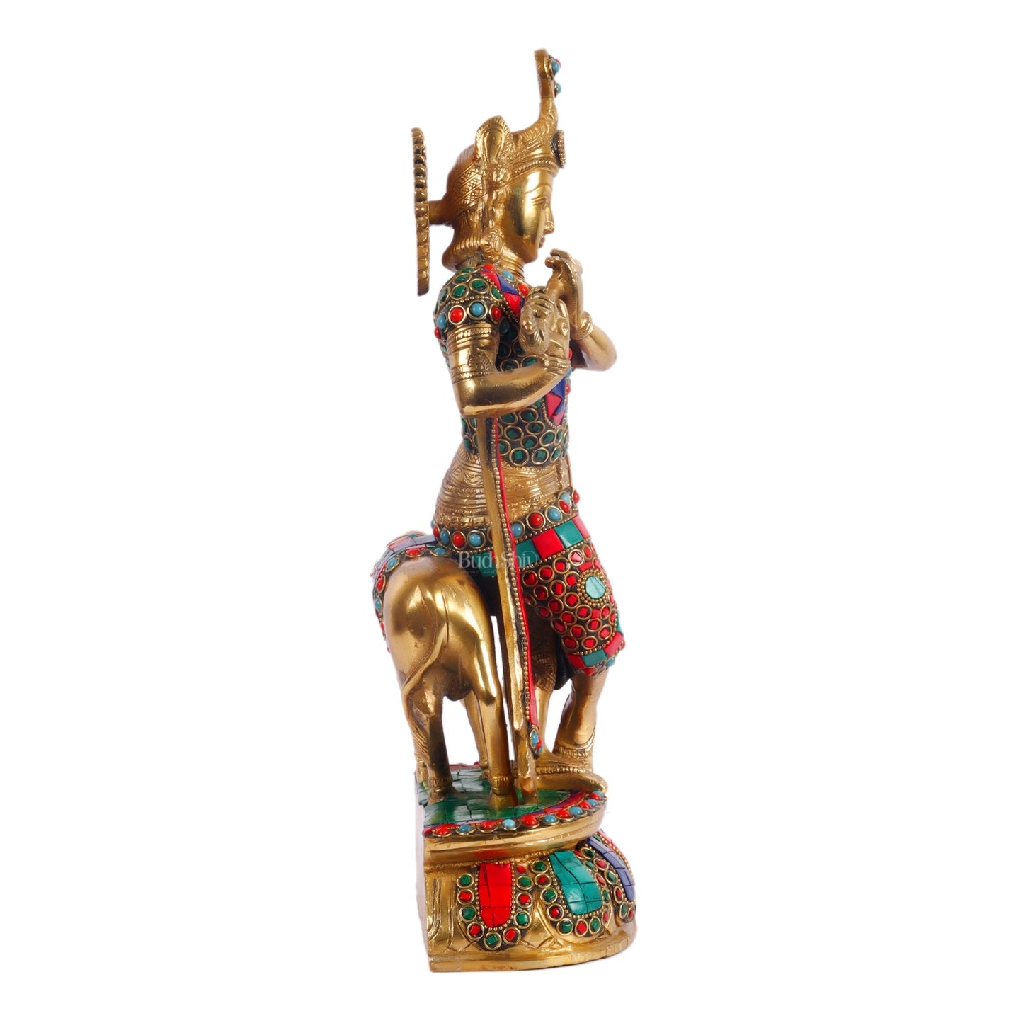 Handcrafted Brass Krishna Playing Flute with Cow Statue - 14 inch