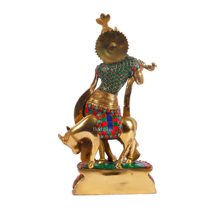Handcrafted Brass Krishna Playing Flute with Cow Statue - 14 inch