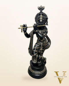Handcrafted Brass Krishna Statue - Black and Gold Finish, 36" Height