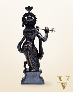 Handcrafted Brass Krishna Statue - Black and Gold Finish, 36" Height