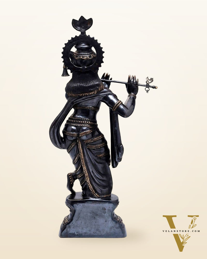 Handcrafted Brass Krishna Statue - Black and Gold Finish, 36" Height