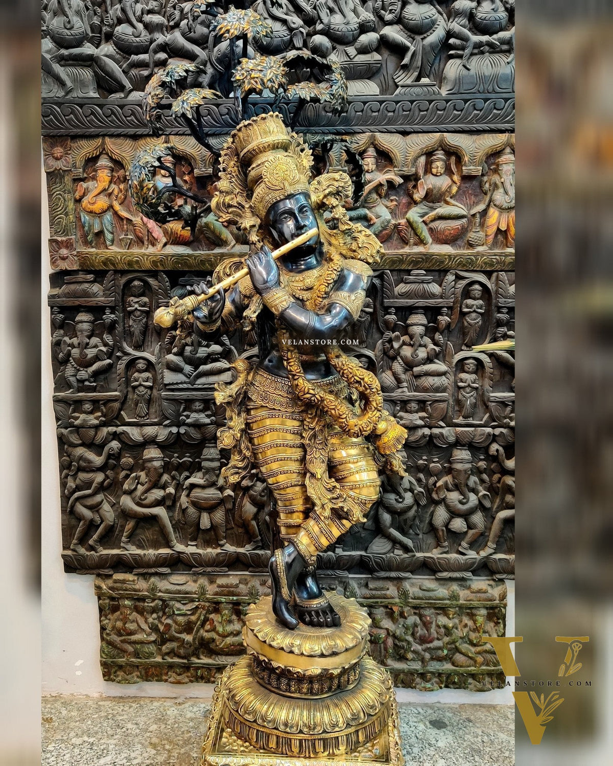 Handcrafted Brass Krishna Statue with Tree - 57 inches