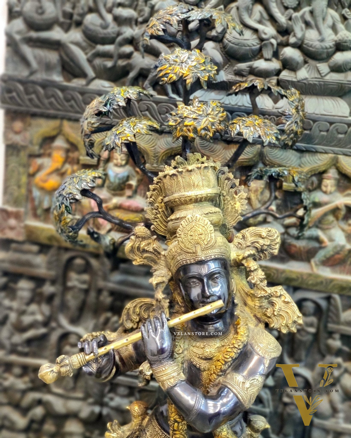 Handcrafted Brass Krishna Statue with Tree - 57 inches