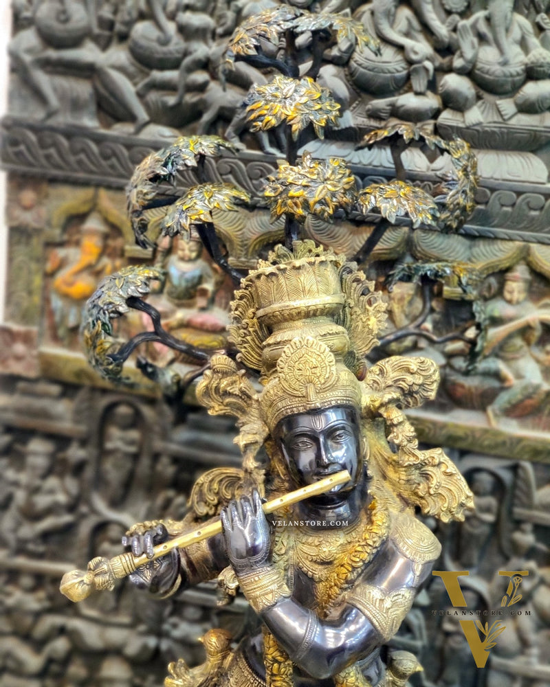 Handcrafted Brass Krishna Statue with Tree - 57 inches