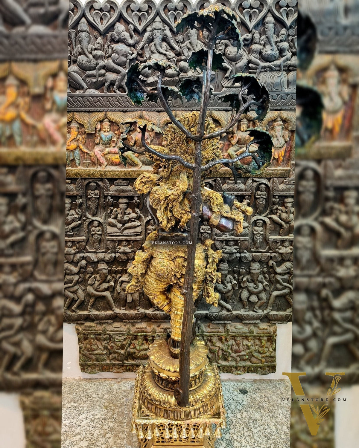 Handcrafted Brass Krishna Statue with Tree - 57 inches