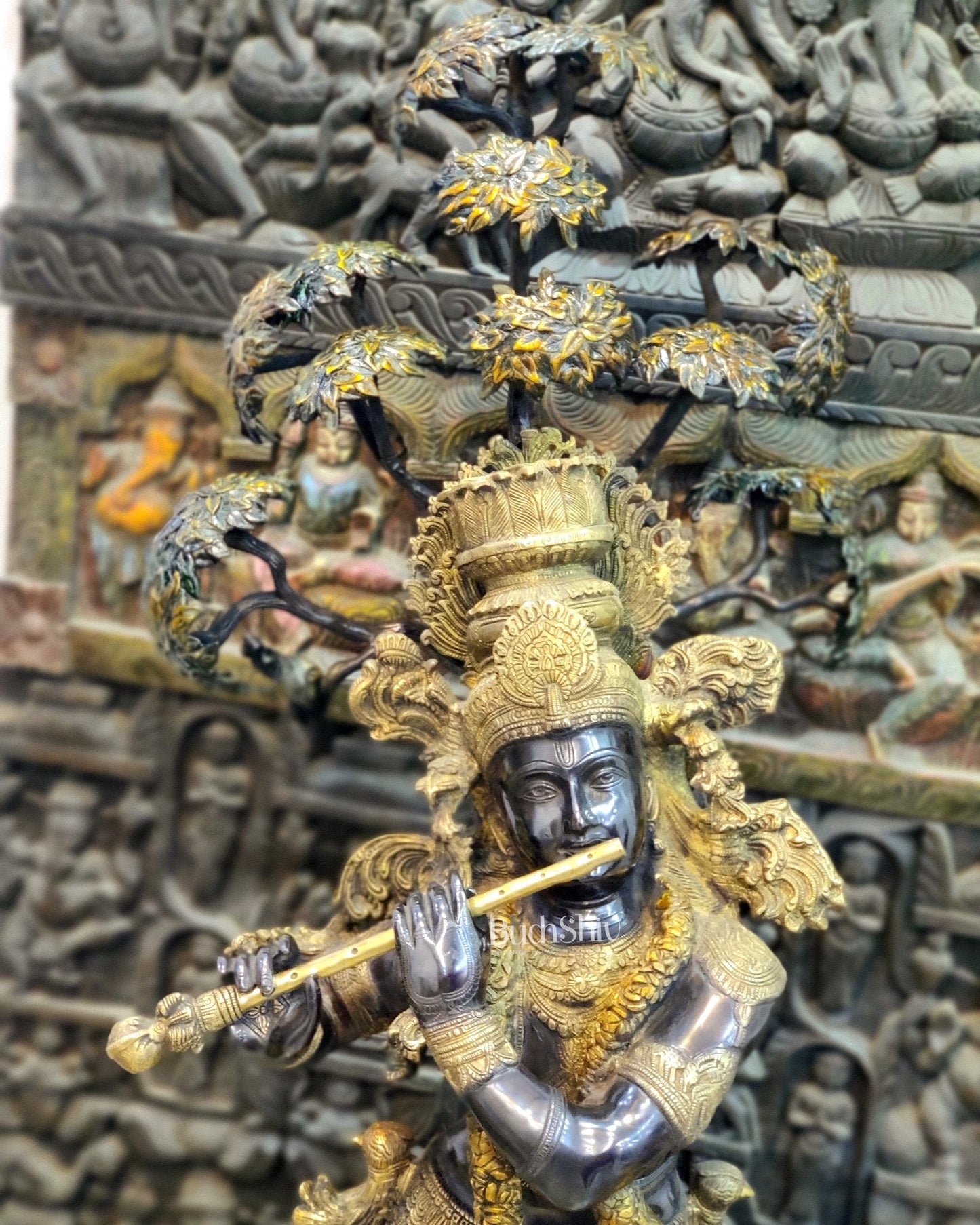 Handcrafted Brass Krishna Statue with Tree - 57 inches