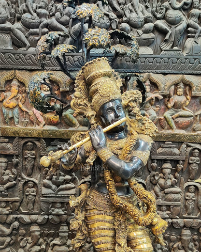 Handcrafted Brass Krishna Statue with Tree - 57 inches