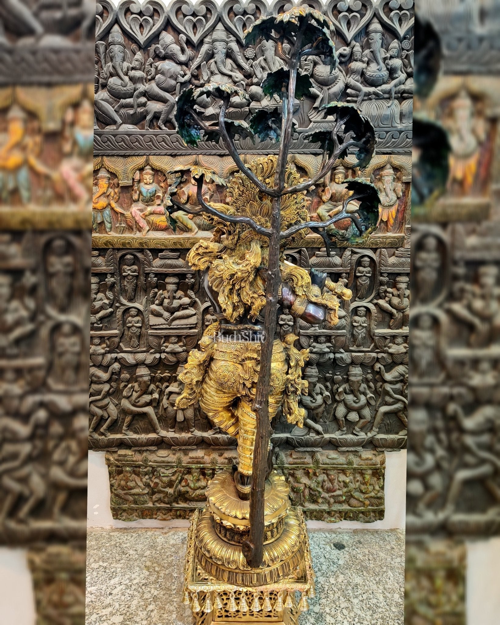 Handcrafted Brass Krishna Statue with Tree - 57 inches