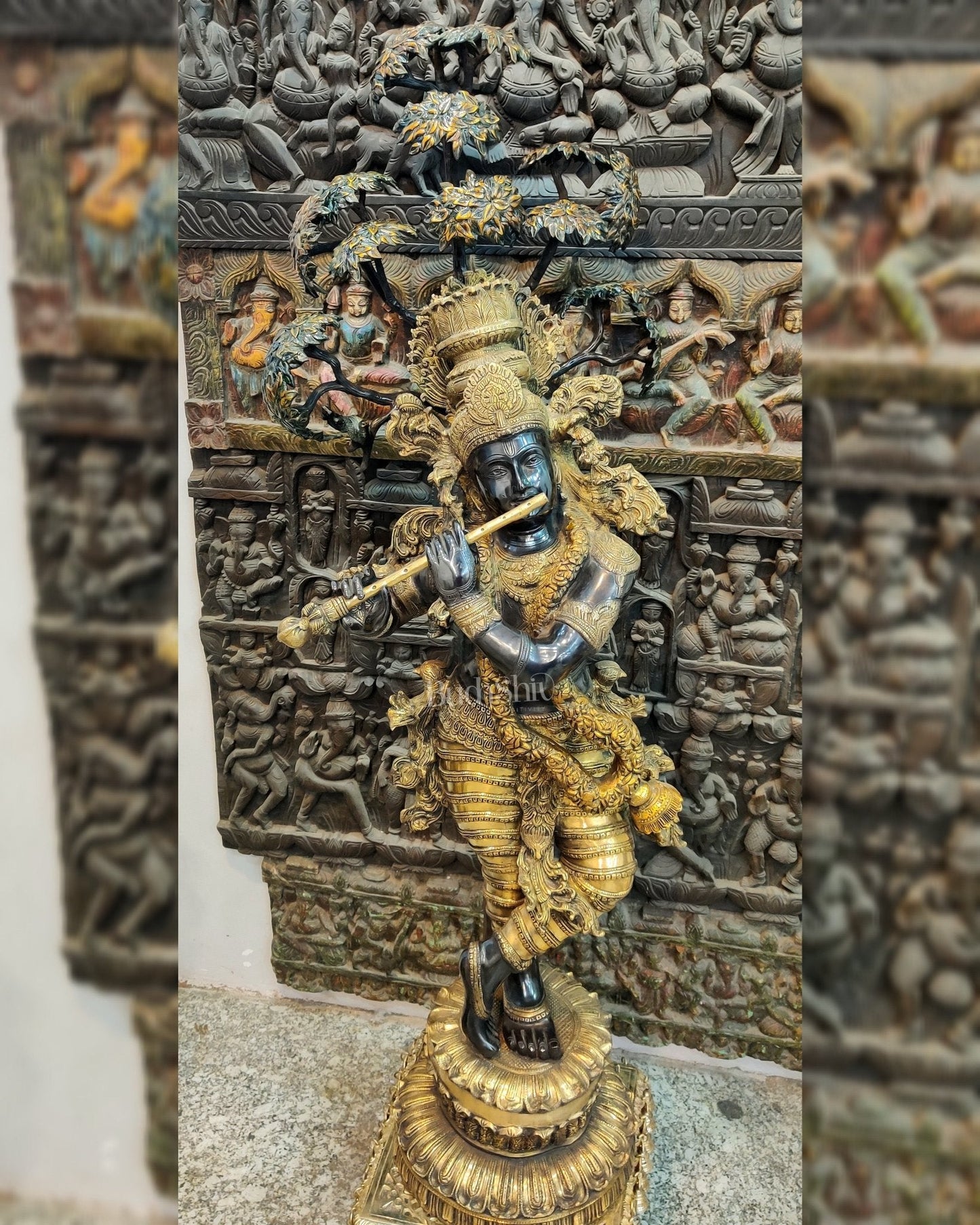 Handcrafted Brass Krishna Statue with Tree - 57 inches