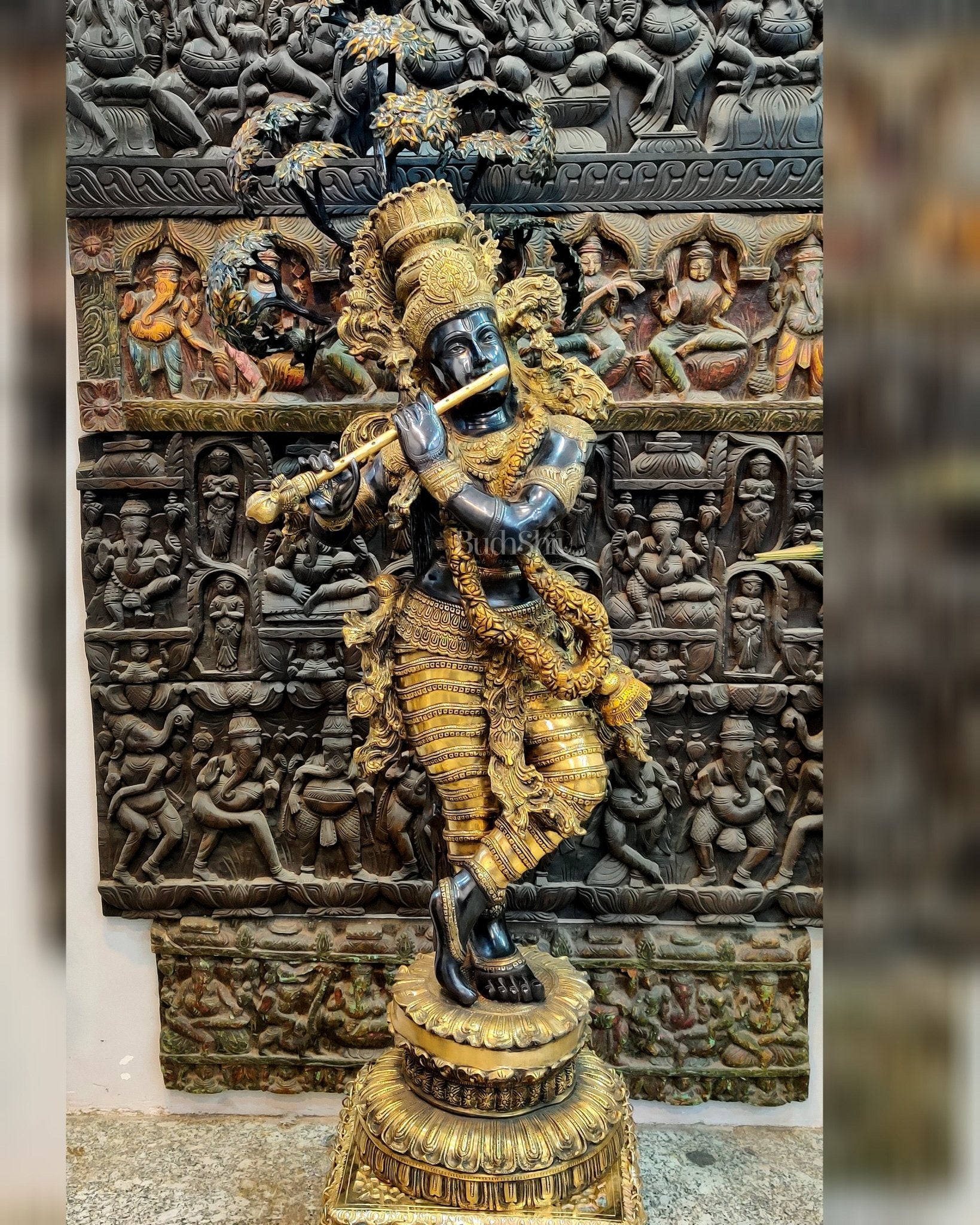 Handcrafted Brass Krishna Statue with Tree - 57 inches