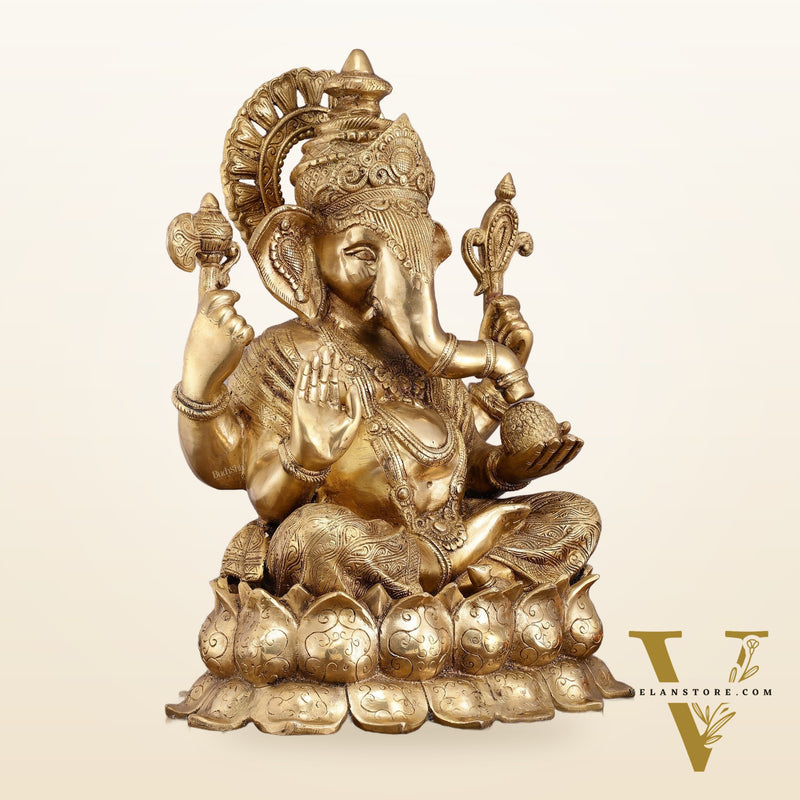 Handcrafted Brass Large Mangalkari Ganapati on Lotus Throne - 22" Statue