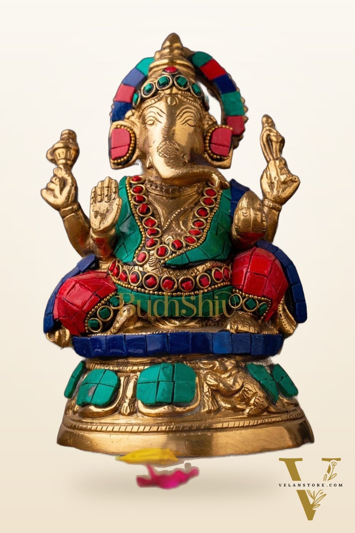 Handcrafted Brass Lord Ganesha Idol with Natural Stones | 6 inch