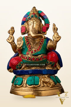 Handcrafted Brass Lord Ganesha Idol with Natural Stones | 6 inch
