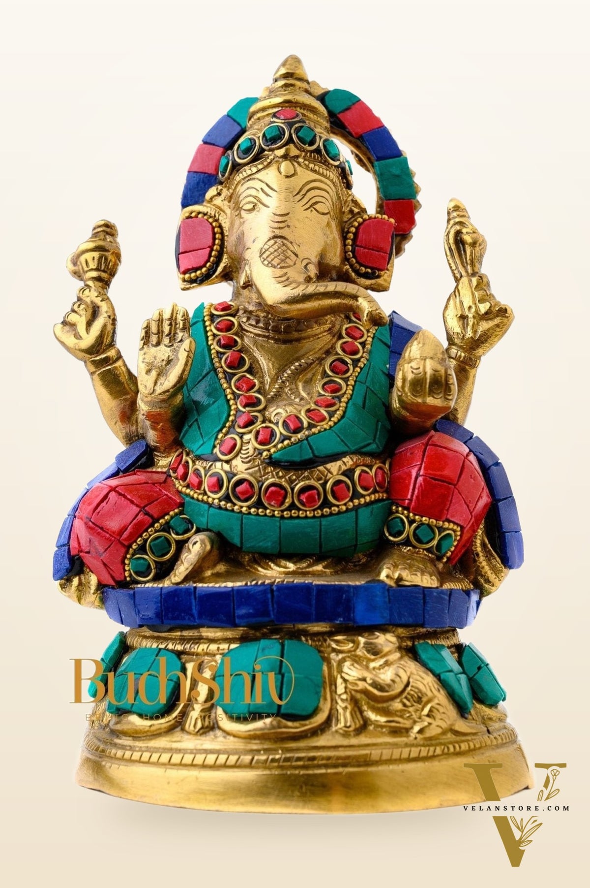 Handcrafted Brass Lord Ganesha Idol with Natural Stones | 6 inch