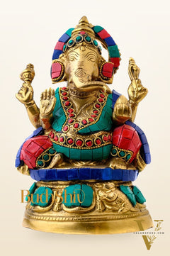 Handcrafted Brass Lord Ganesha Idol with Natural Stones | 6 inch
