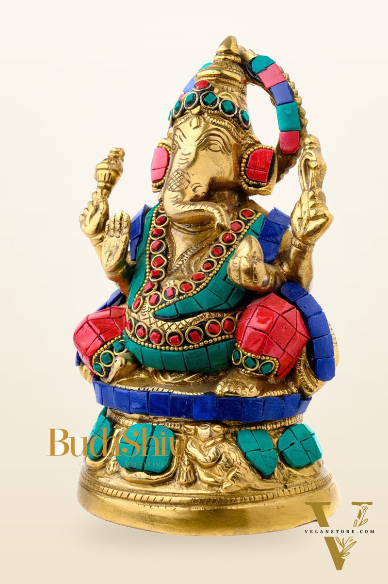 Handcrafted Brass Lord Ganesha Idol with Natural Stones | 6 inch
