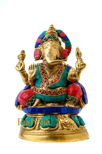 Handcrafted Brass Lord Ganesha Idol with Natural Stones | 6 inch