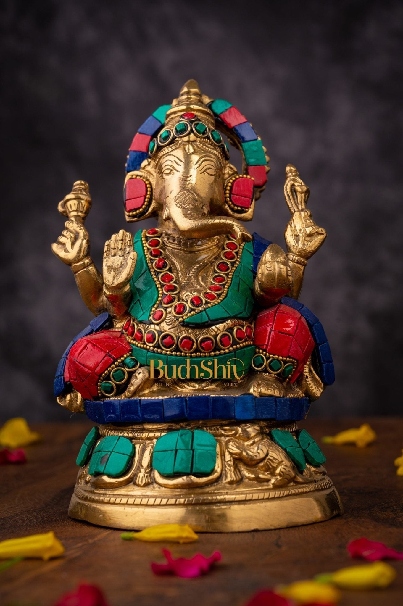 Handcrafted Brass Lord Ganesha Idol with Natural Stones | 6 inch