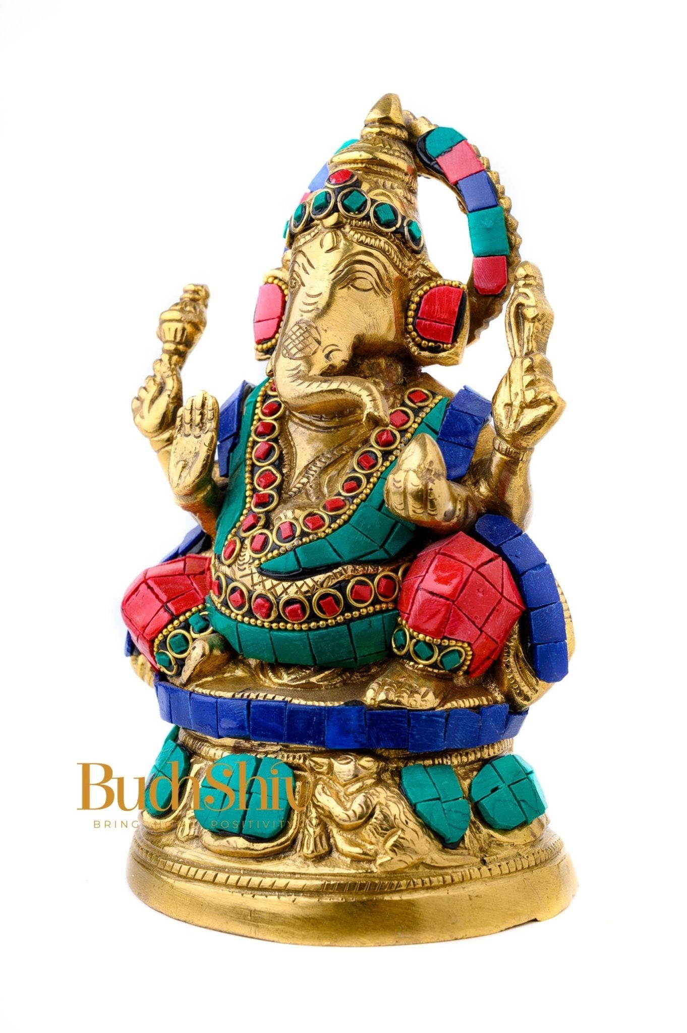 Handcrafted Brass Lord Ganesha Idol with Natural Stones | 6 inch