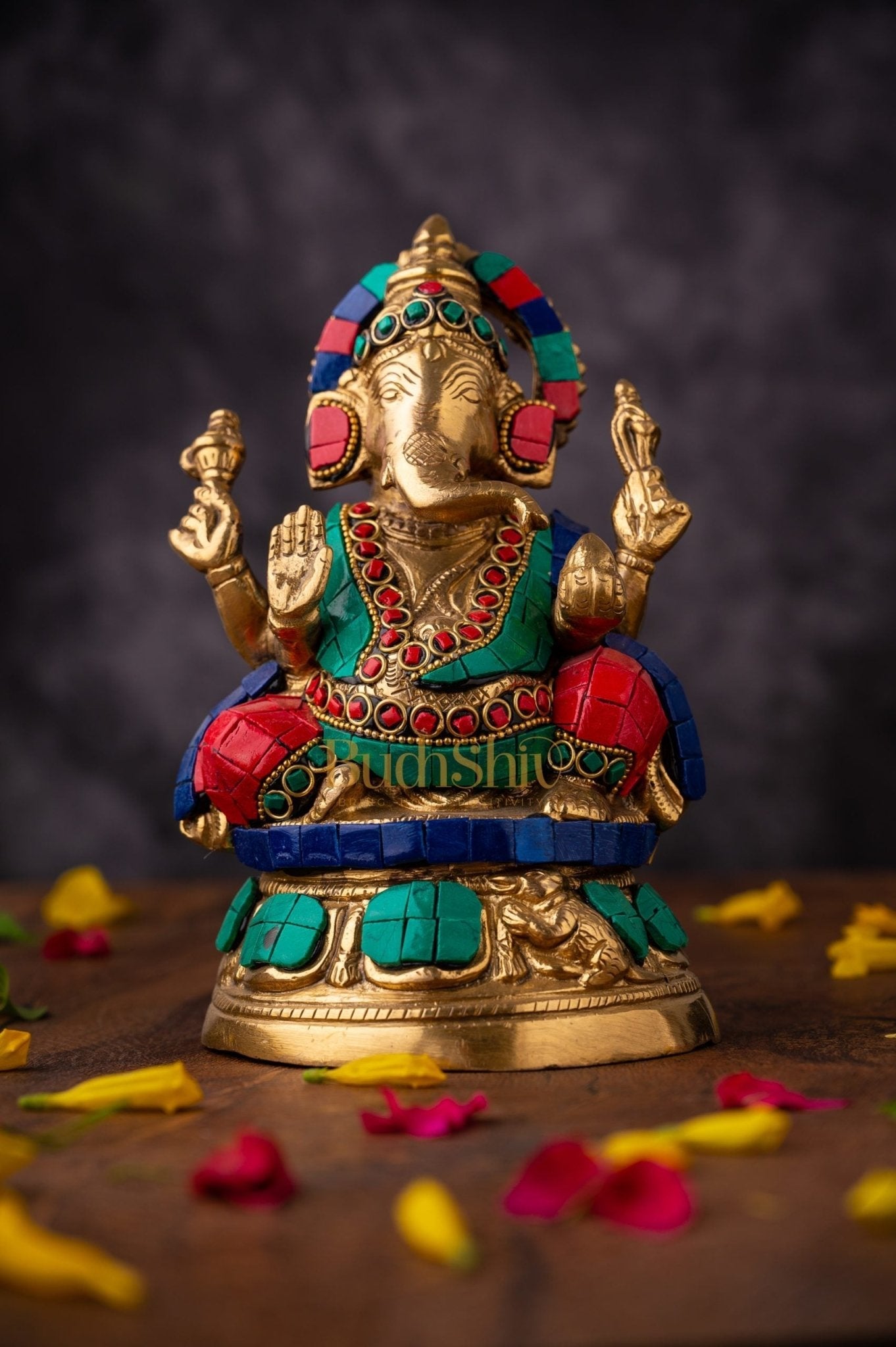 Handcrafted Brass Lord Ganesha Idol with Natural Stones | 6 inch