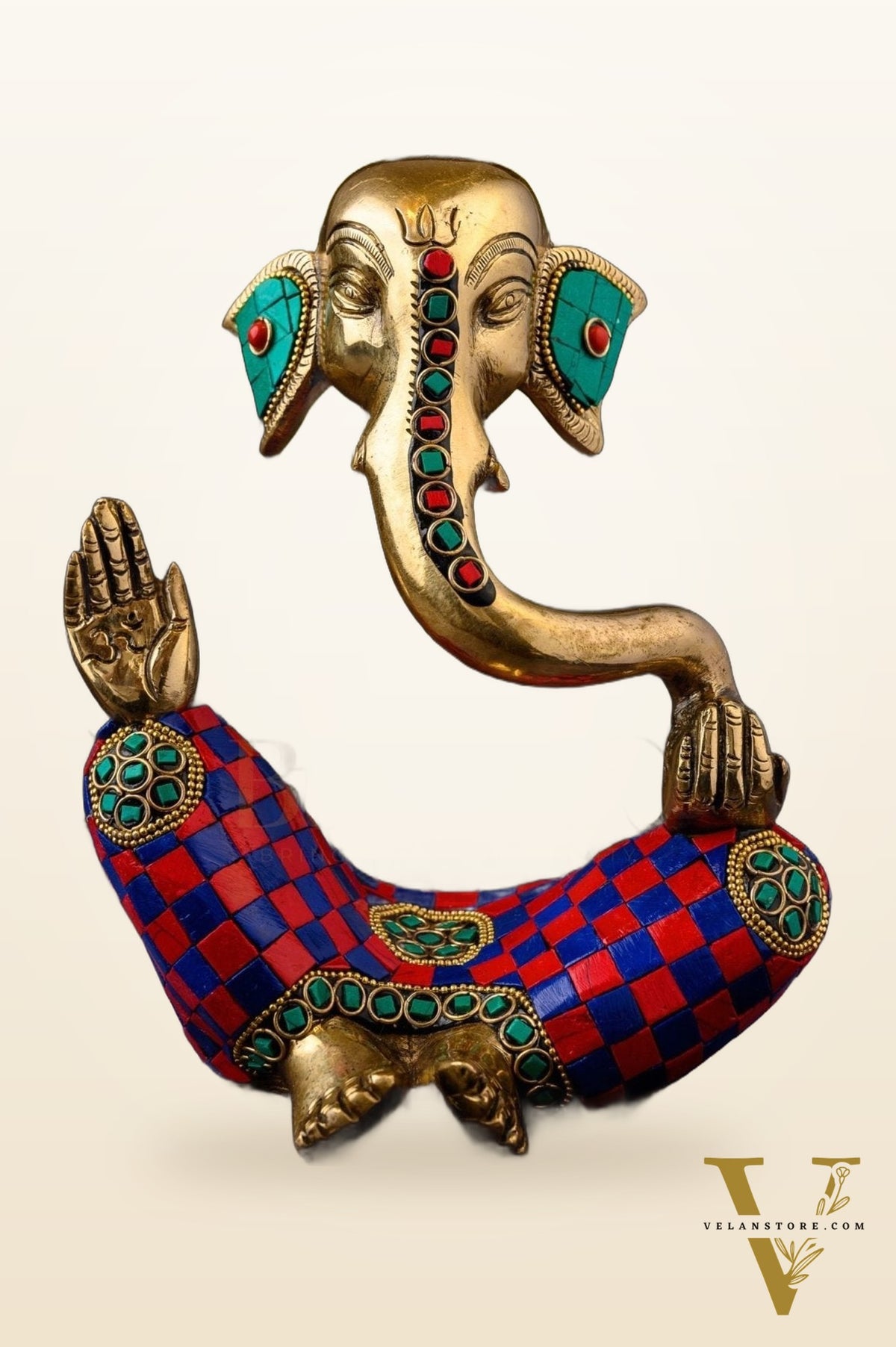 Handcrafted Brass Lord Ganesha Idol with Natural Stones | Height 8.5 inches
