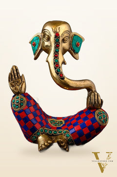 Handcrafted Brass Lord Ganesha Idol with Natural Stones | Height 8.5 inches