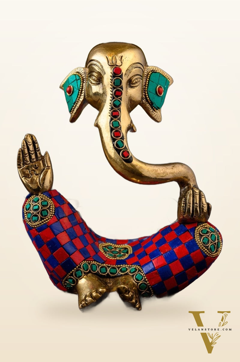 Handcrafted Brass Lord Ganesha Idol with Natural Stones | Height 8.5 inches