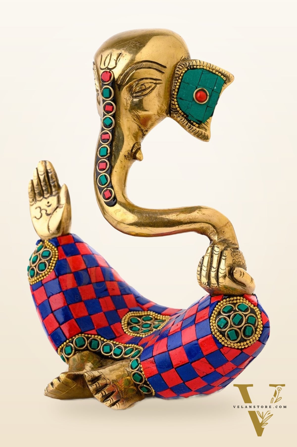 Handcrafted Brass Lord Ganesha Idol with Natural Stones | Height 8.5 inches