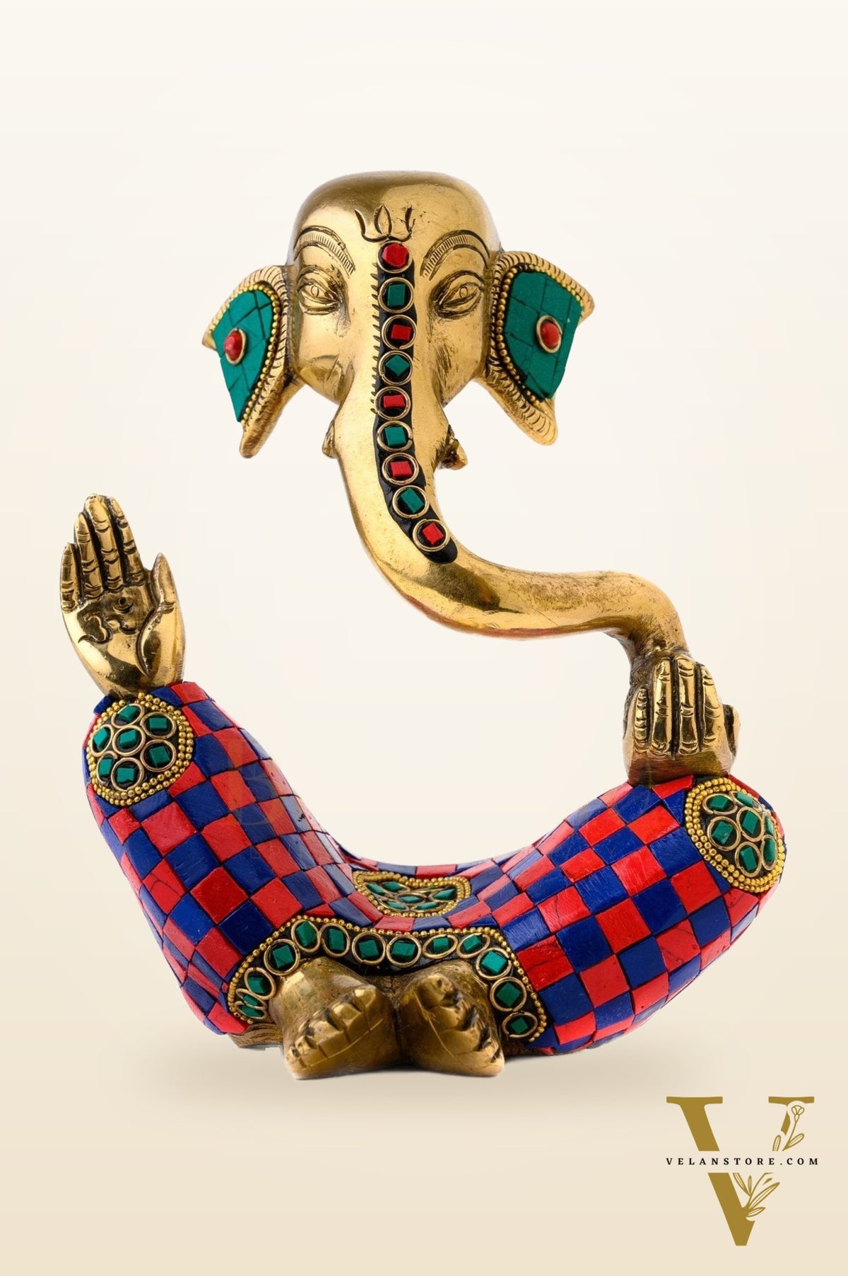 Handcrafted Brass Lord Ganesha Idol with Natural Stones | Height 8.5 inches