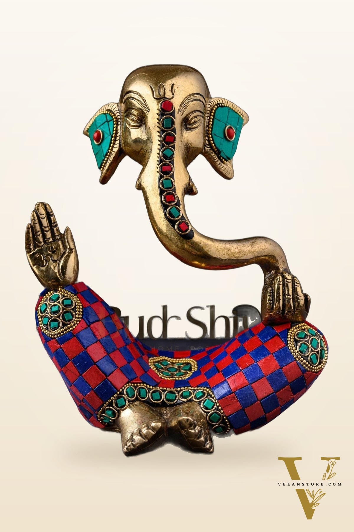 Handcrafted Brass Lord Ganesha Idol with Natural Stones | Height 8.5 inches