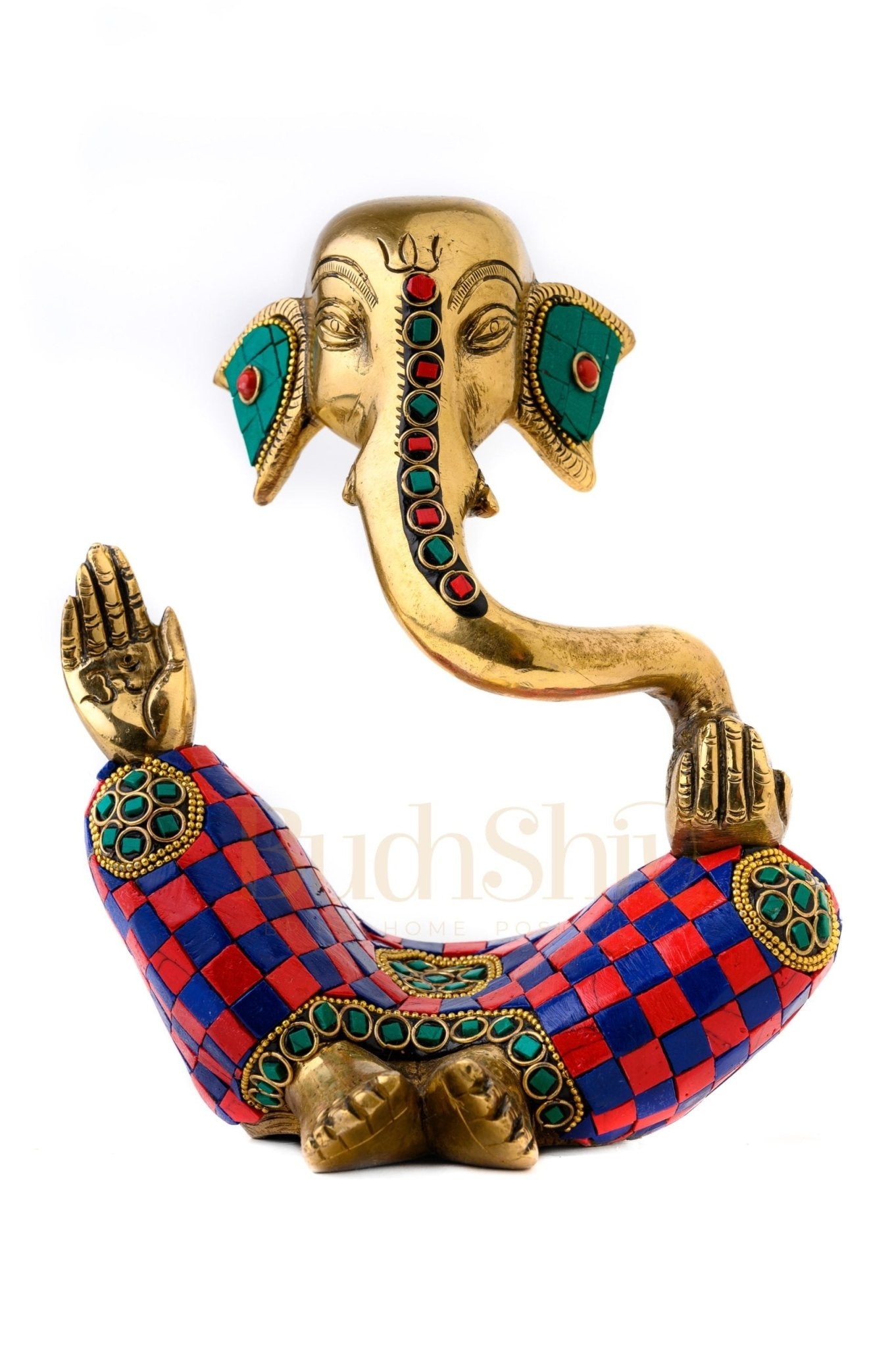 Handcrafted Brass Lord Ganesha Idol with Natural Stones | Height 8.5 inches