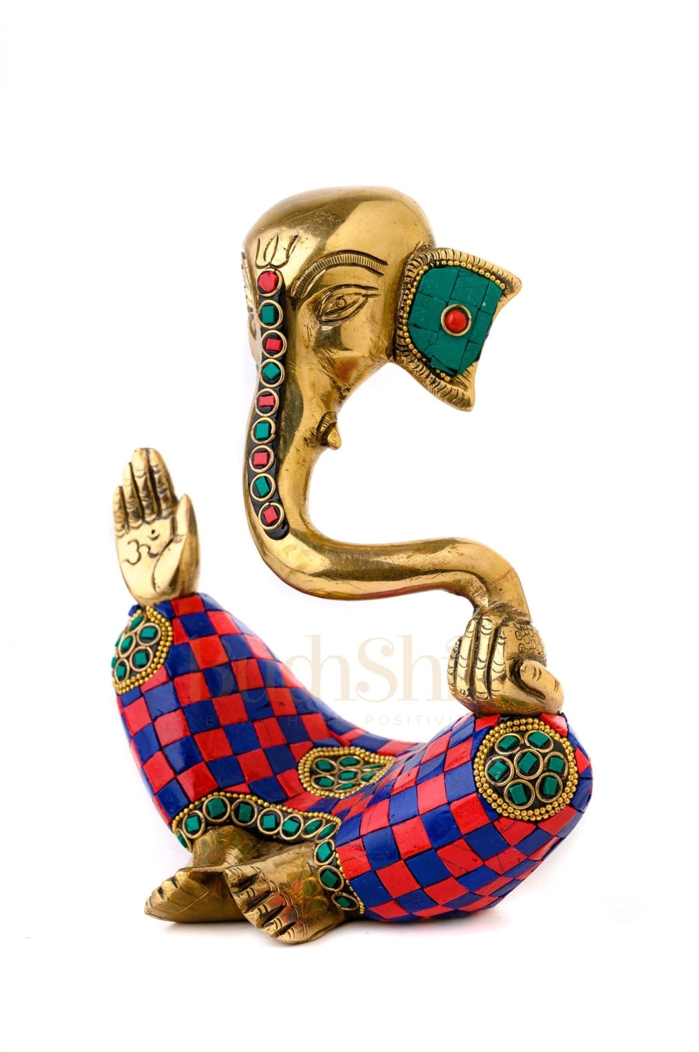 Handcrafted Brass Lord Ganesha Idol with Natural Stones | Height 8.5 inches