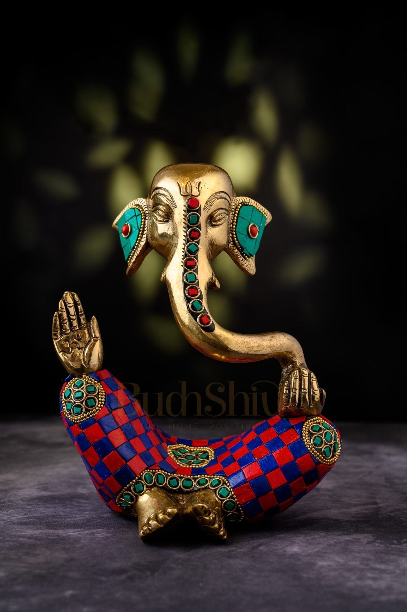 Handcrafted Brass Lord Ganesha Idol with Natural Stones | Height 8.5 inches