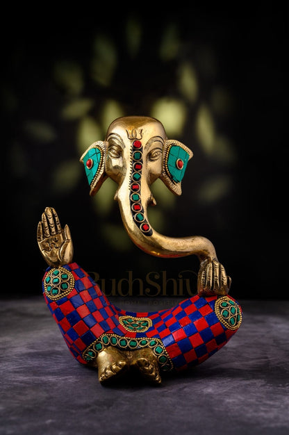Handcrafted Brass Lord Ganesha Idol with Natural Stones | Height 8.5 inches