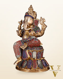 Handcrafted Brass Lord Ganesha Statue - 15" with jewellers meenakari