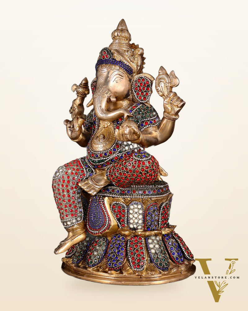 Handcrafted Brass Lord Ganesha Statue - 15" with jewellers meenakari
